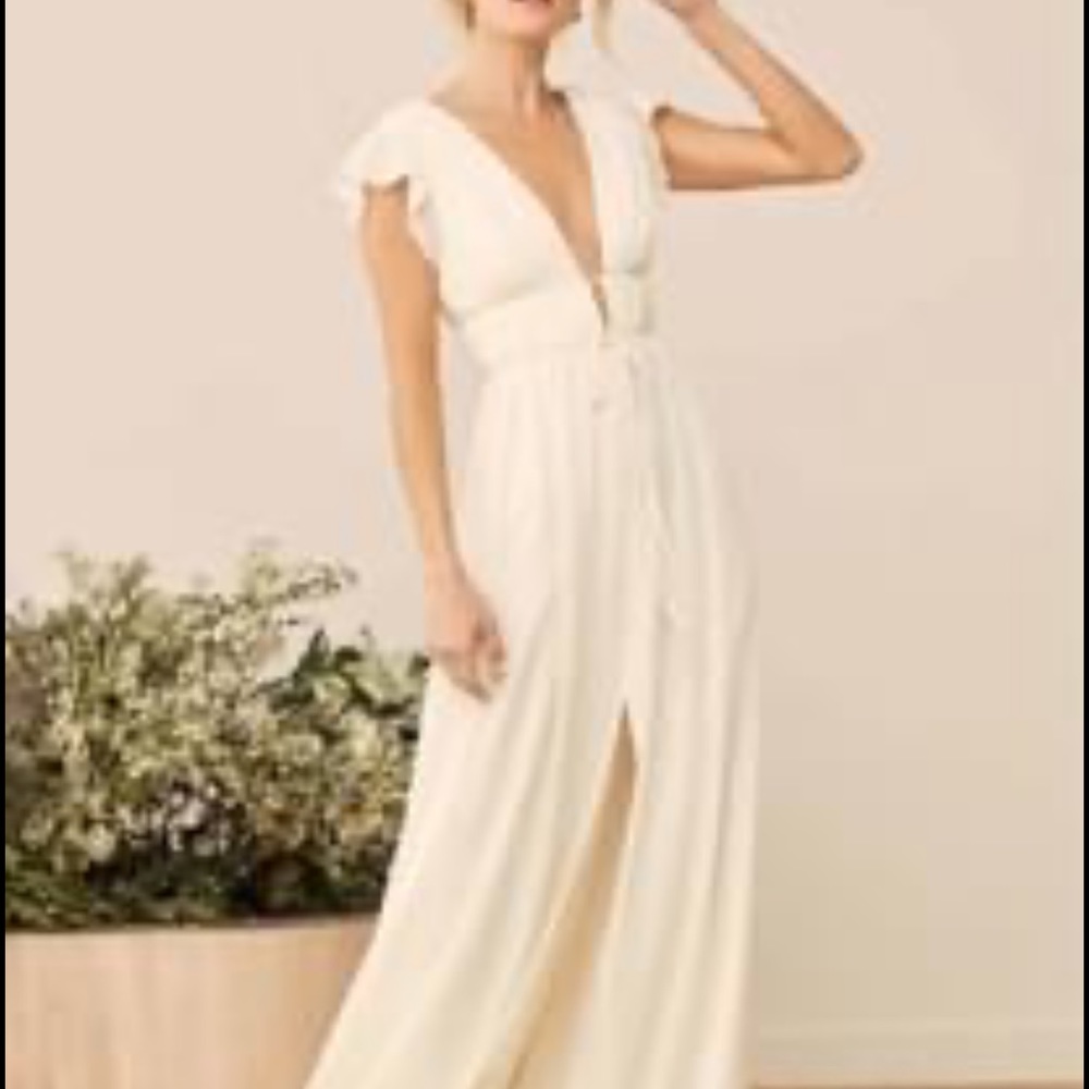 Lulus I’m all yours crème ruffled maxi wore for pictures one time